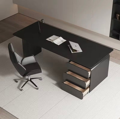 Black Executive Office Desk with Drawers, Rock Slab Top