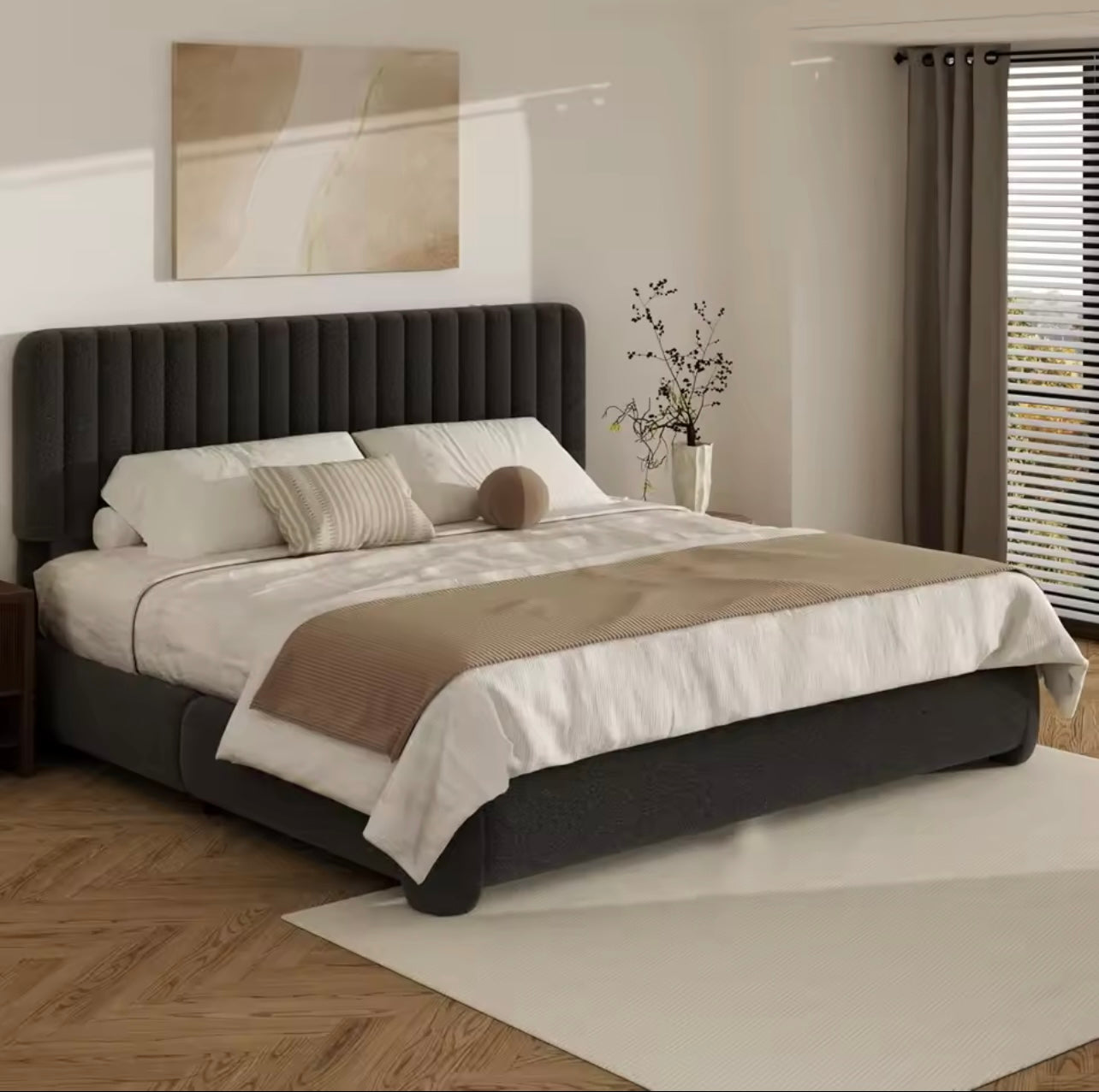 Beige Upholstered Boucle Platform Bed with Adjustable Headboard