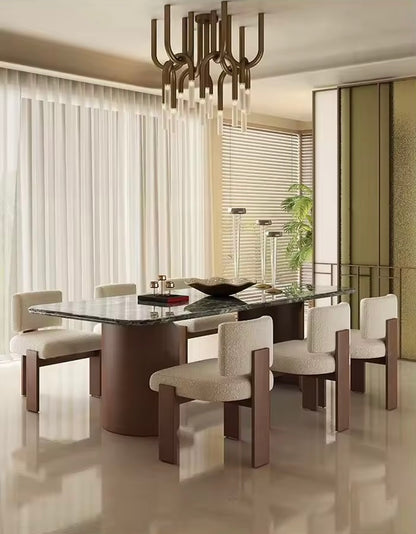 Mid-Century Travertine & Walnut Dining Table, Curved Stone Detail