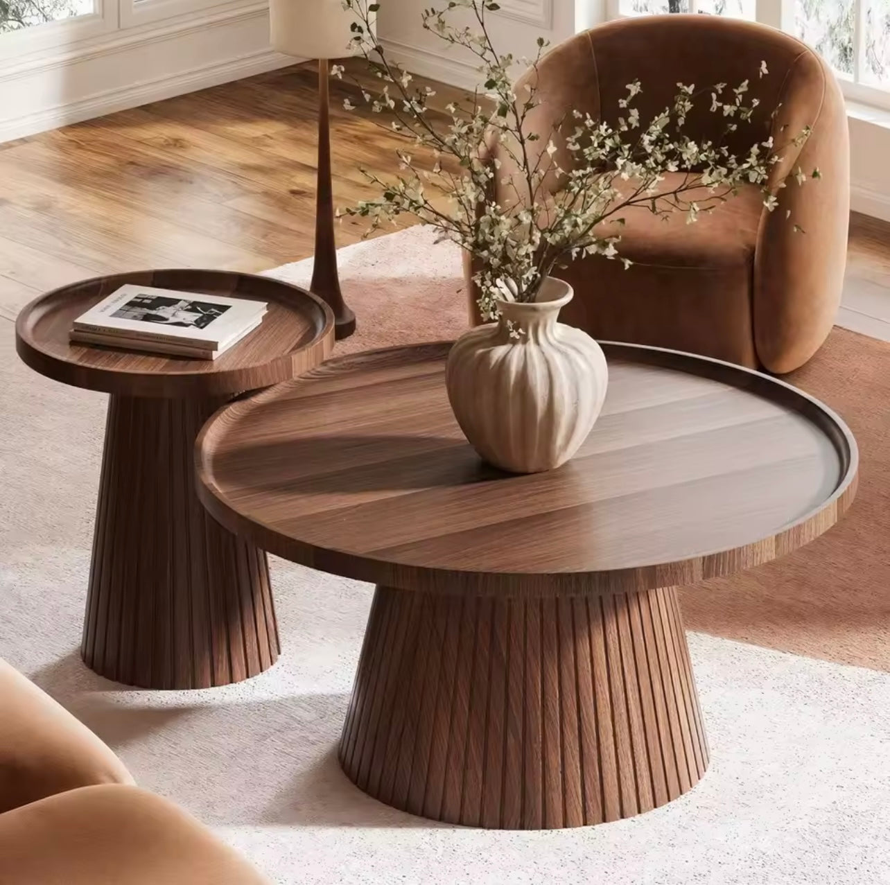 Set of 2 Mid Century Round Wood Grain Nesting Coffee Tables