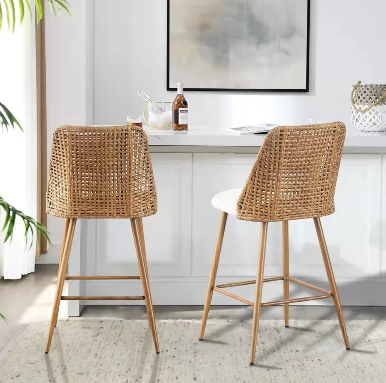 Set of 2 Mid-Century Rattan Counter Bar Stools, Boucle Upholstered Seats