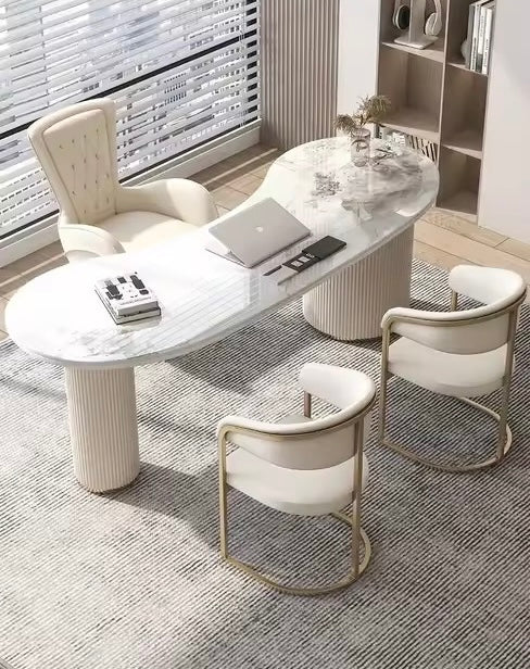 Italian Rock Slab Desk with Drawers and USB Ports, White