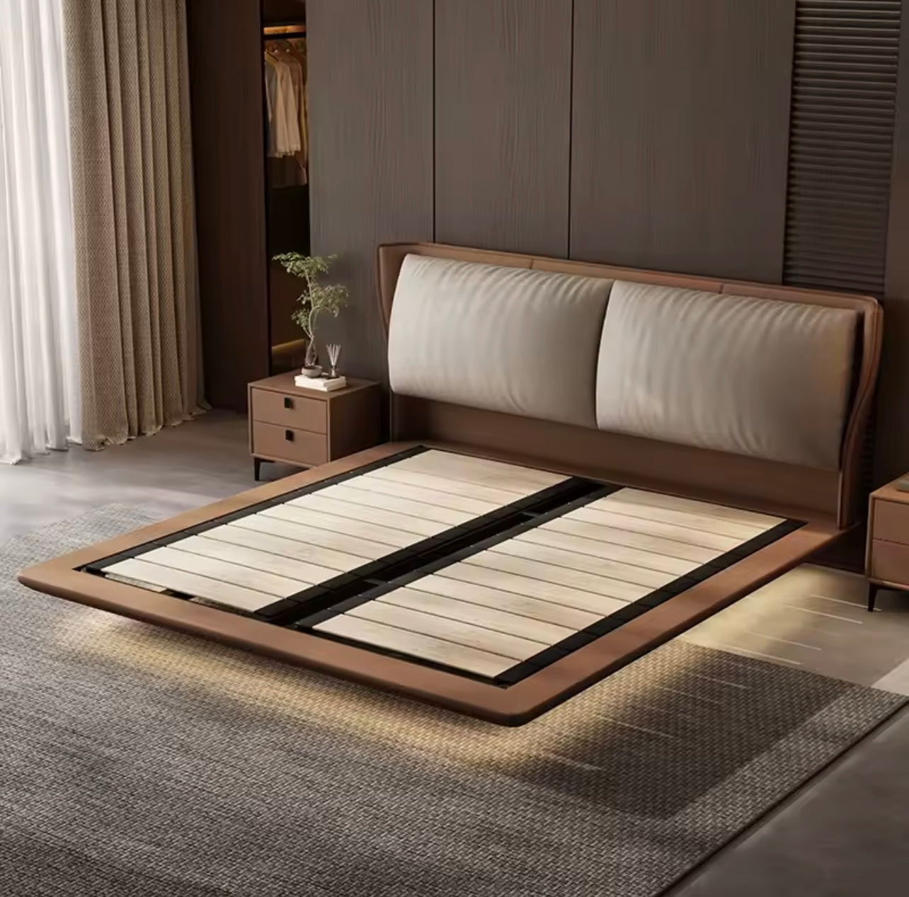 Italian Leather Floating Platform Bed with Integrated LED Lighting