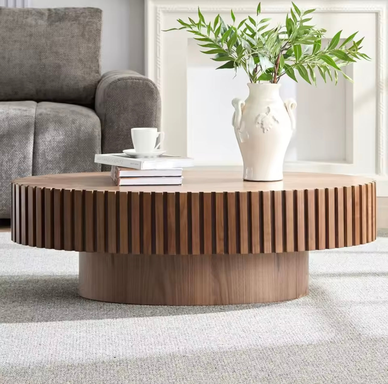 43.3” Walnut Round Coffee Table, Modern Rustic Wooden Drum Table