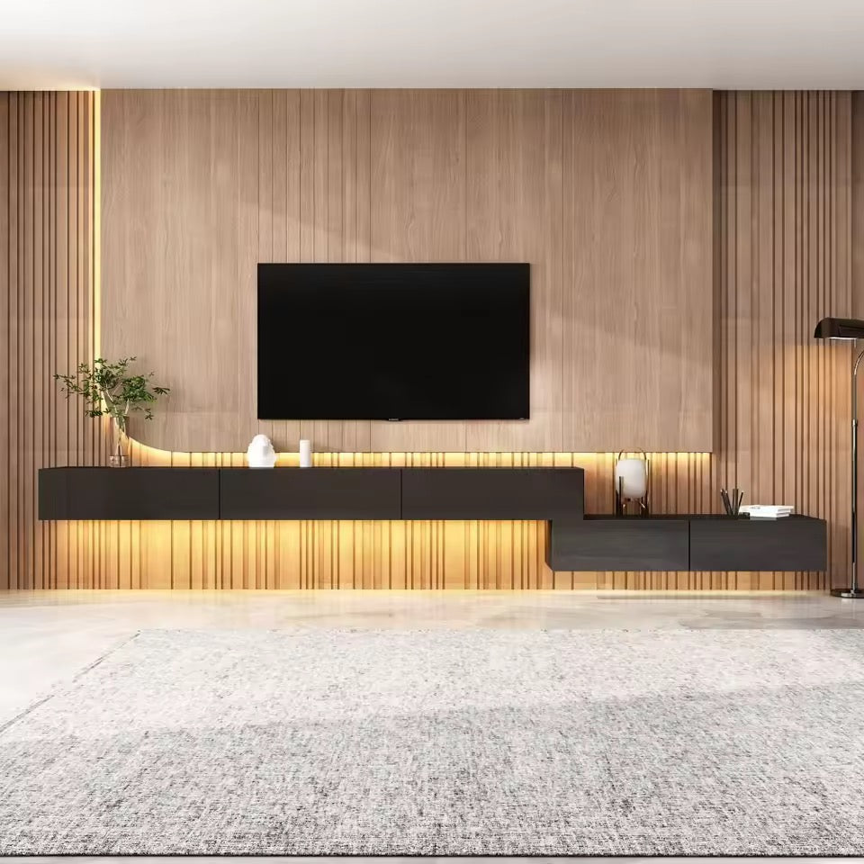 Black Floating TV Console with LED Lighting, Wall-Mounted Media Unit
