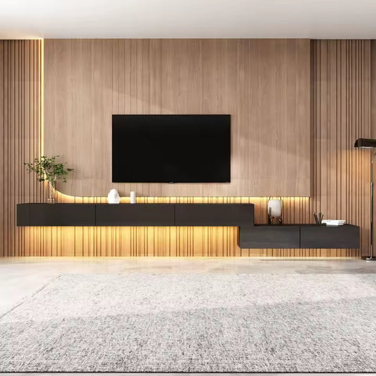 Black Floating TV Console with LED Lighting, Wall-Mounted Media Unit