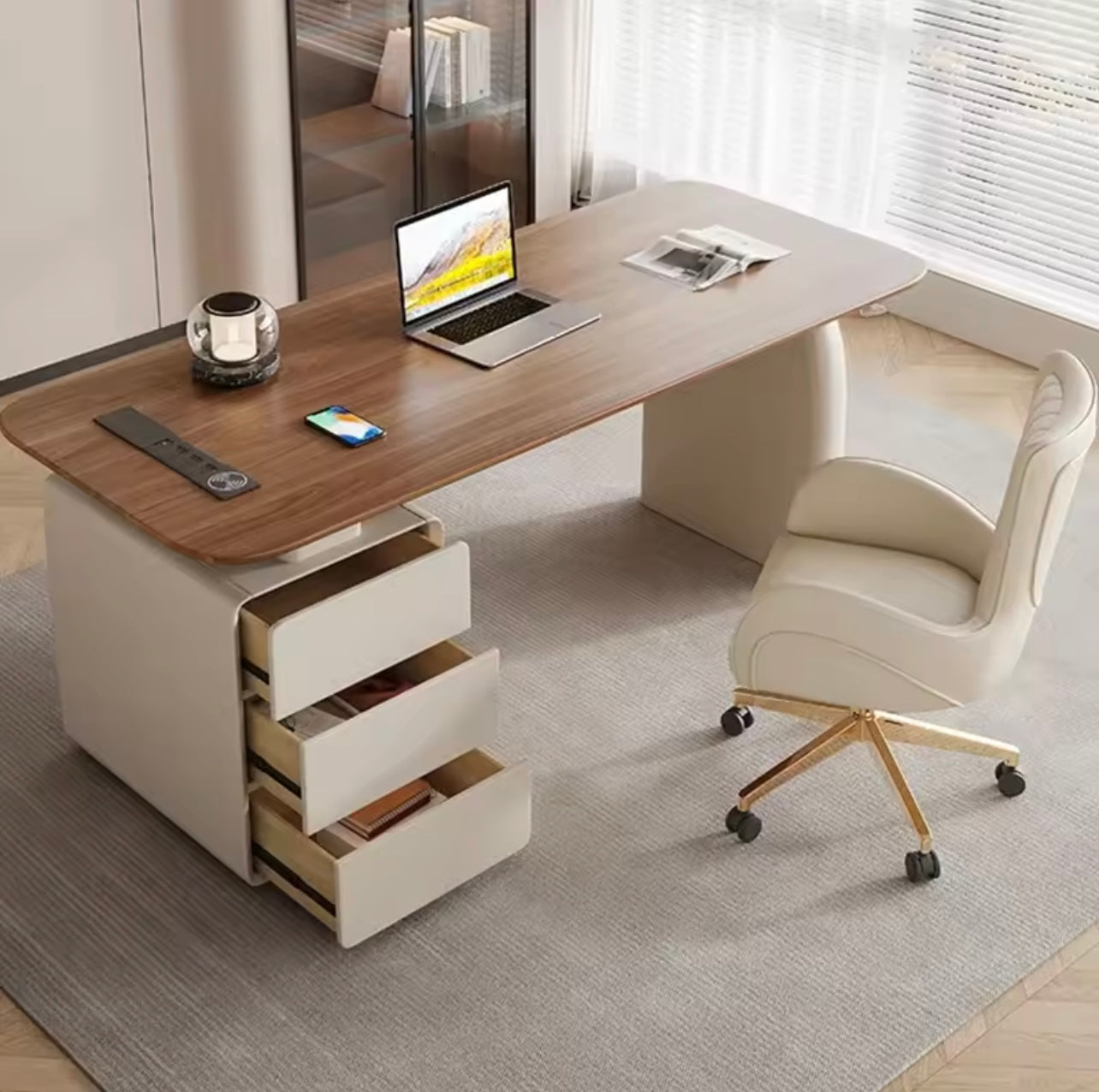 Walnut Wood Executive Desk with Storage Drawers & Built-In Charging