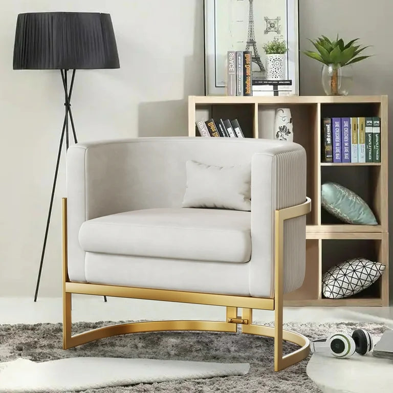 Ivory Velvet Accent Chair with Gold Legs, Mid Century Barrel Chair