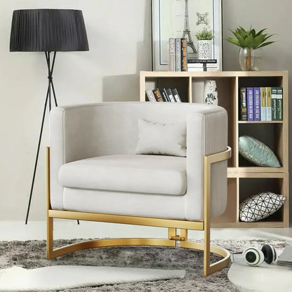 Ivory Velvet Accent Chair with Gold Legs, Mid Century Barrel Chair
