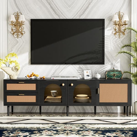 Black Rattan TV Stand with LED Lights & Storage