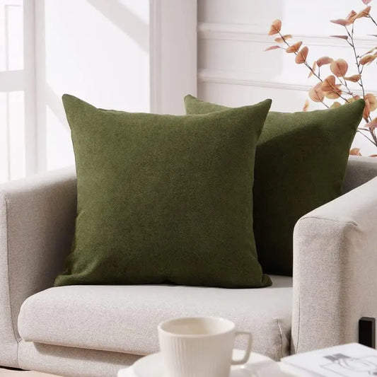 Set of 2 Olive Green Chenille Pillow Covers 22x22"