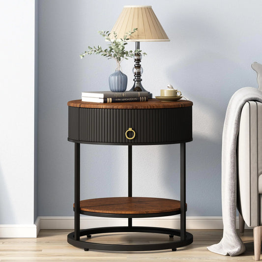 Round Rustic End Table with Drawer & Shelf