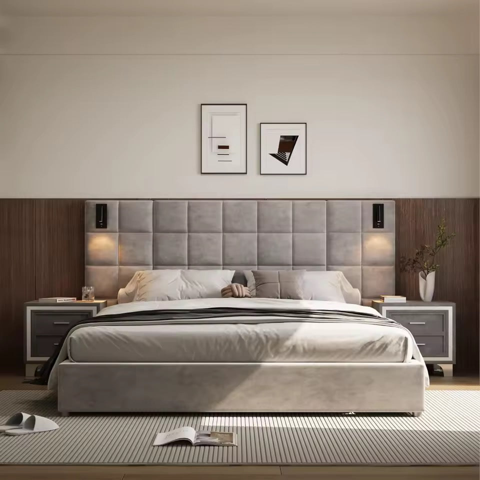 Grey Velvet Upholstered King Platform Bed with Padded Headboard