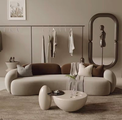 Beige & Brown Modern Curved Sofa, Neutral Velvet Upholstered Couch