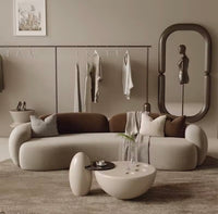 Beige & Brown Velvet Upholstered Curved Sofa