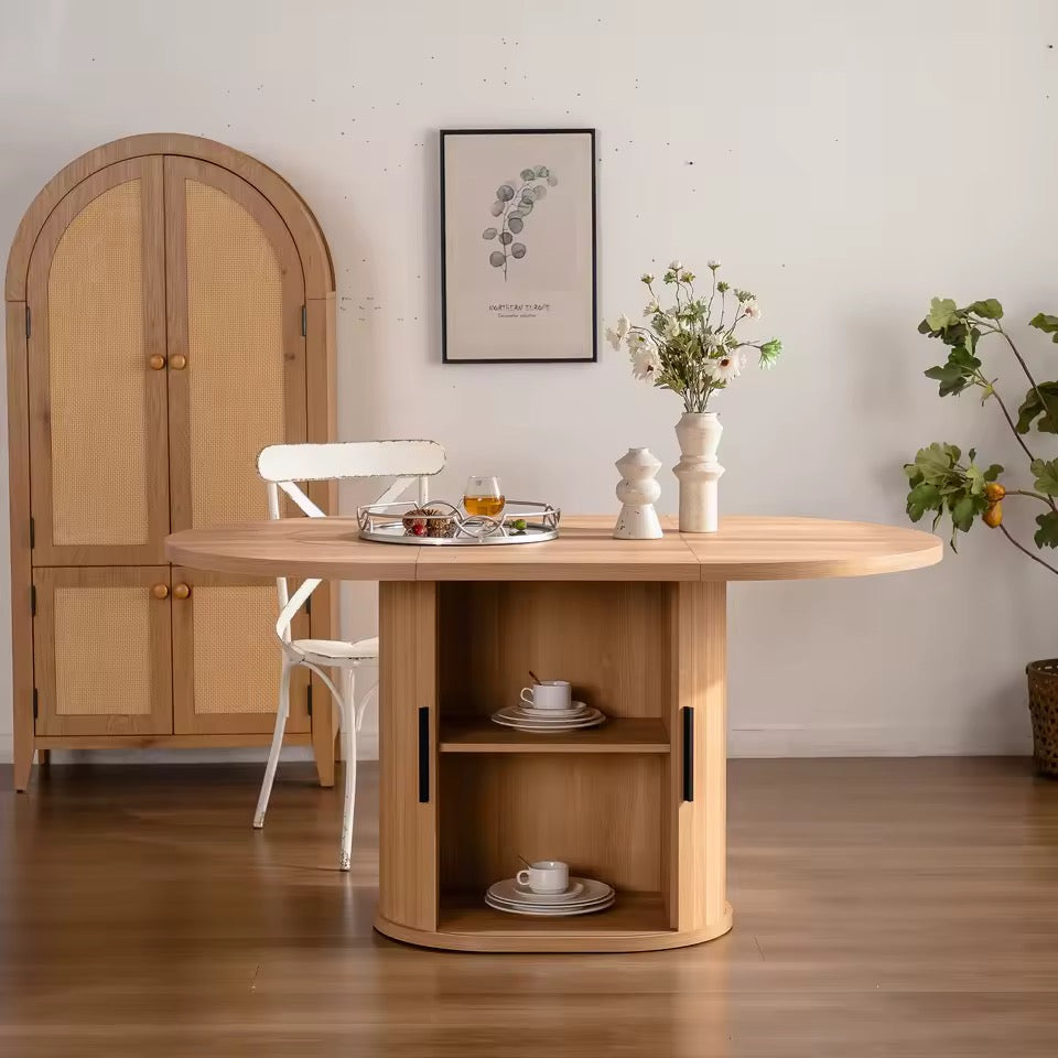 Modern Oval Wooden Dining Table with 2-Layer Storage Shelf