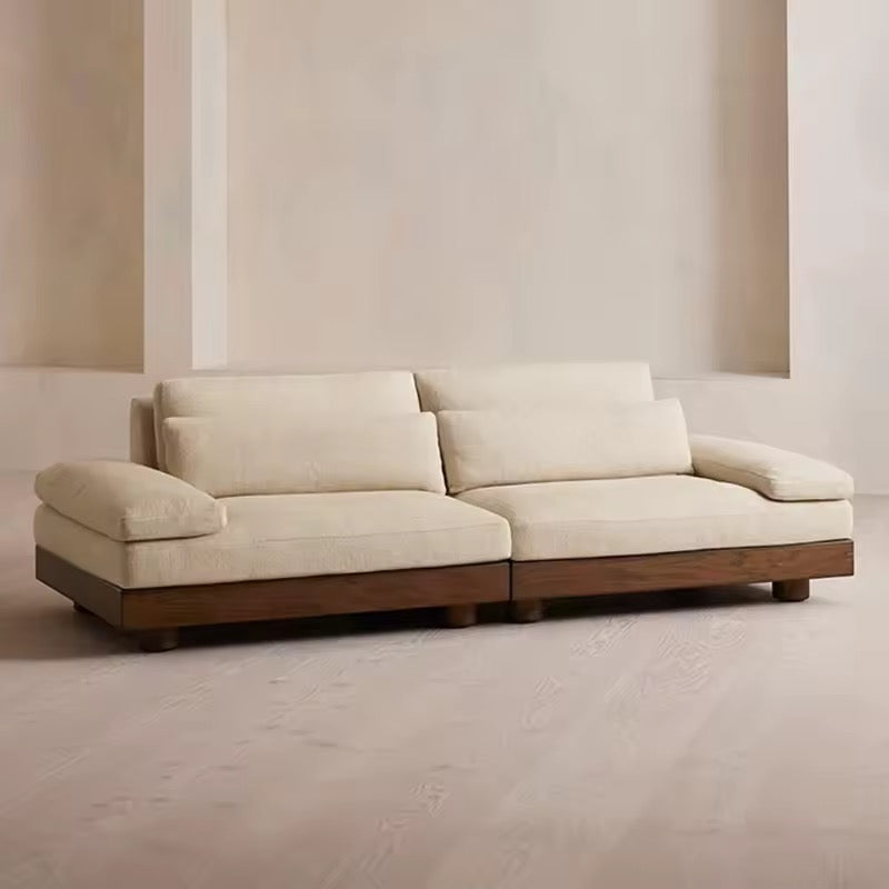 Beige Cotton and Linen French Minimalist Sofa with Walnut Base