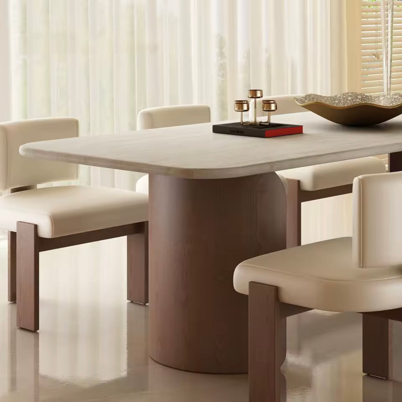 Mid-Century Travertine & Walnut Dining Table, Curved Stone Detail