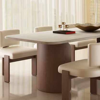 Mid-Century Travertine & Walnut Dining Table, Curved Stone Detail