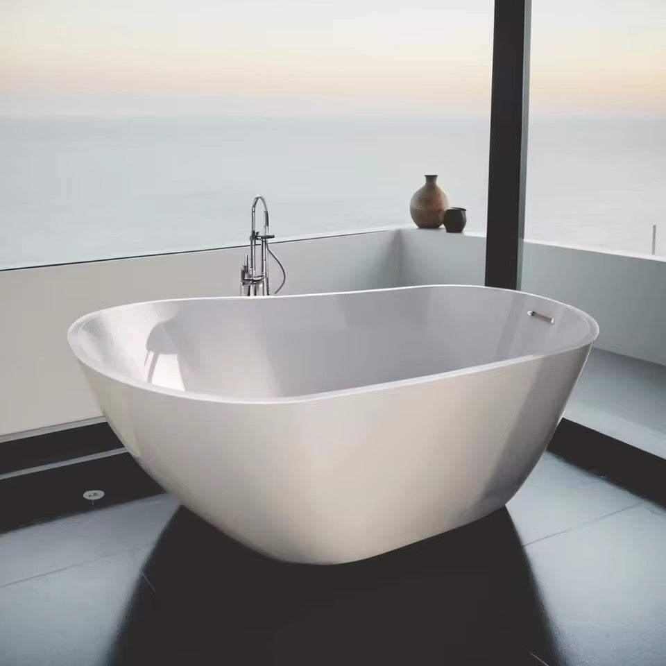 Modern White Freestanding Soaking Tub, 59” Glossy Acrylic Spa Bath