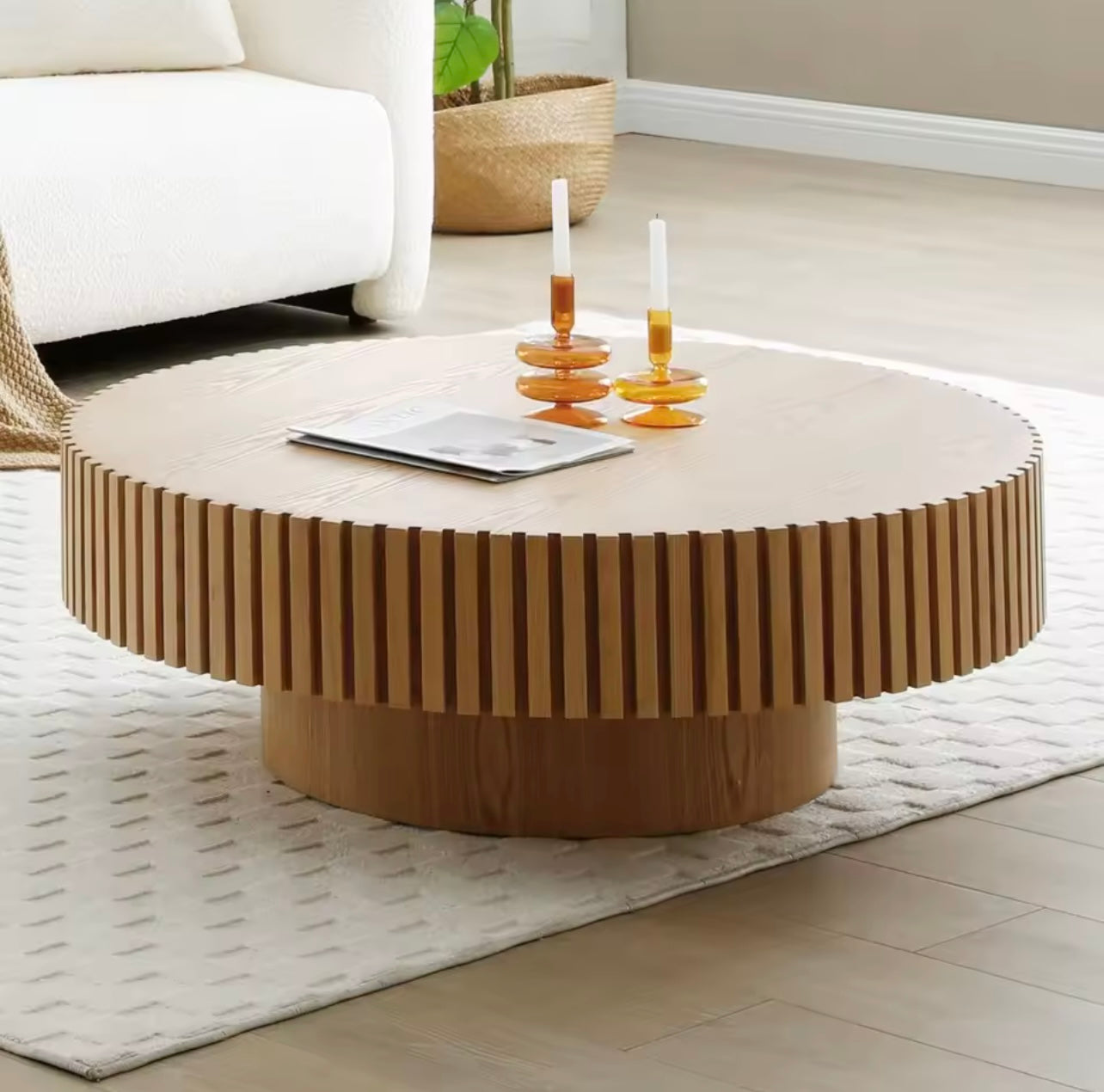Round Wood Coffee Table, Mid Century Fluted Drum Edge Table