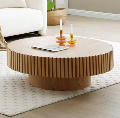 Round Wood Coffee Table, Mid Century Fluted Drum Edge Table