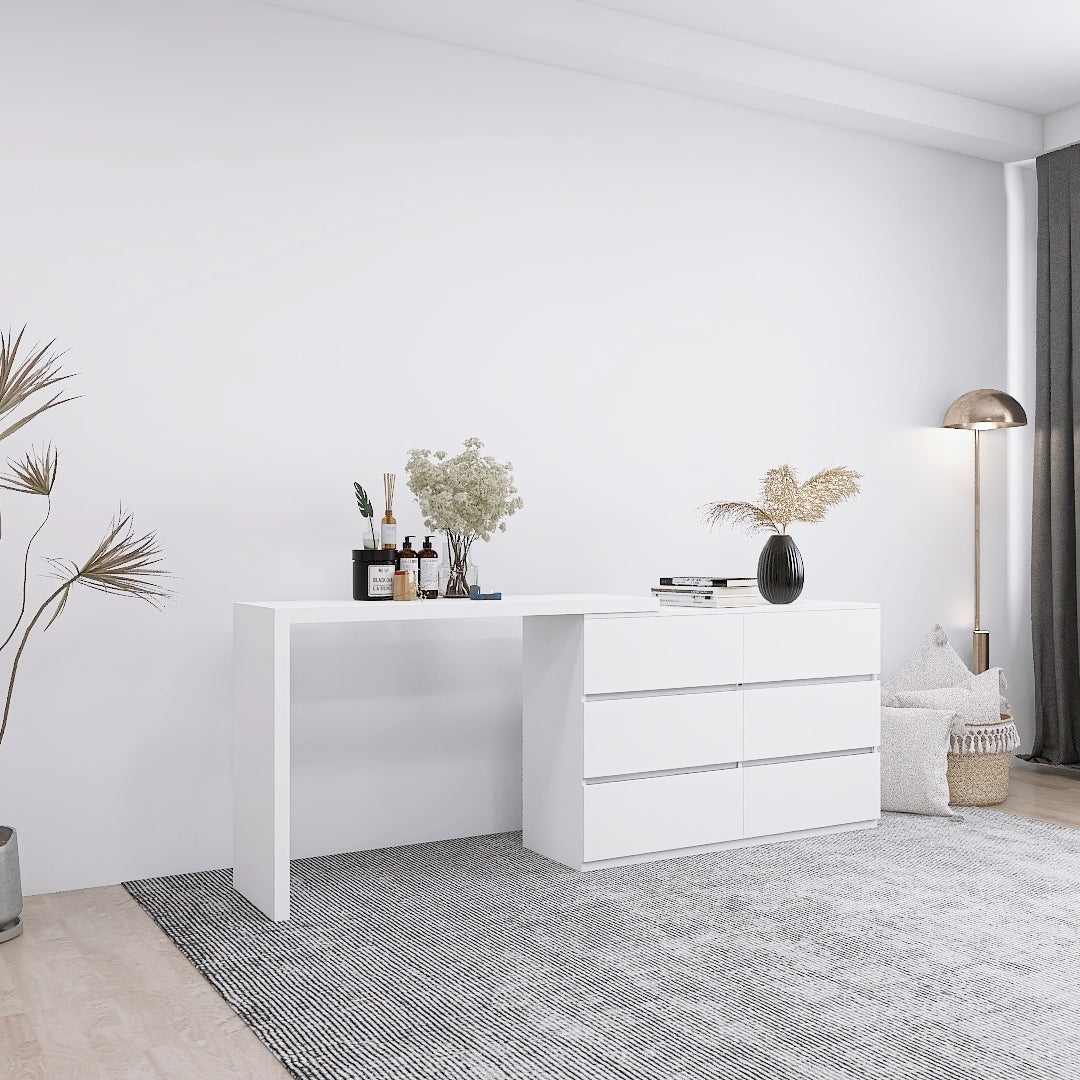 White 6-Drawer Dressing Table with Extended Top