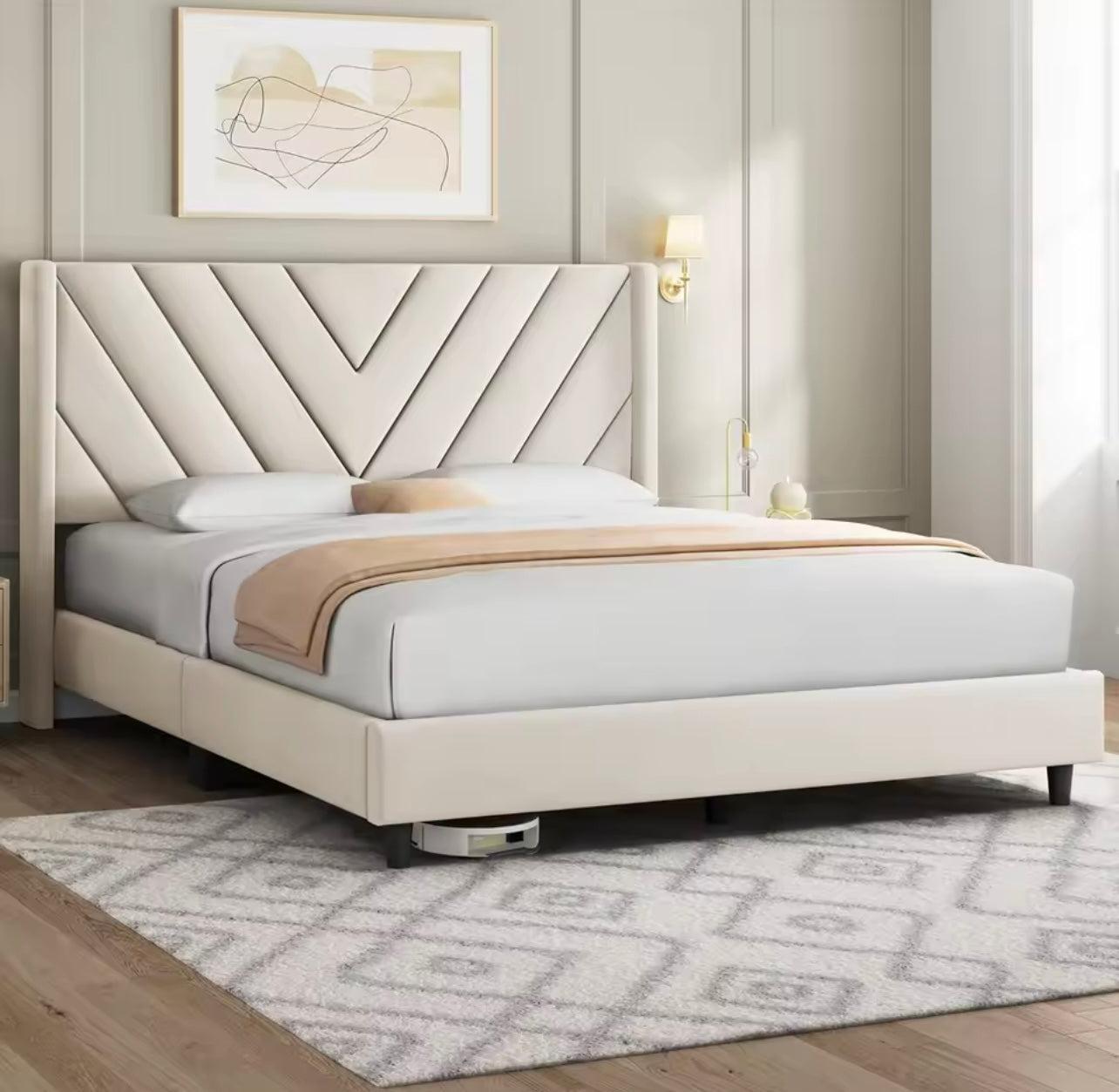 Beige Queen Upholstered Platform Bed with Winged Tufted Headboard
