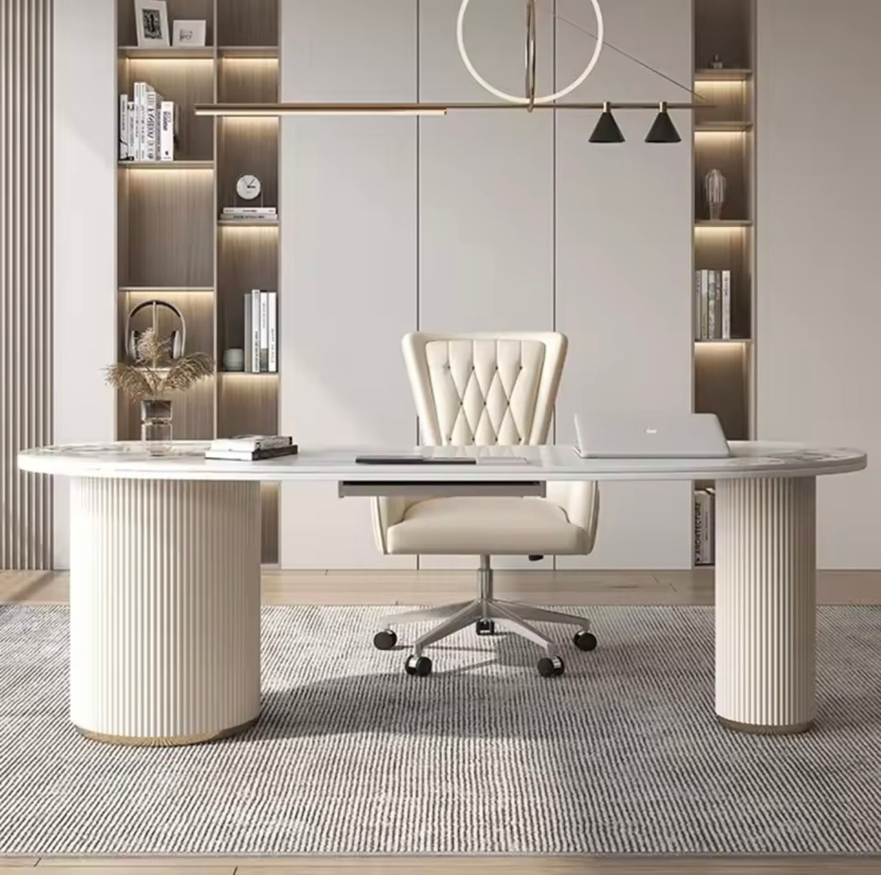 Italian Rock Slab Desk with Drawers and USB Ports, White