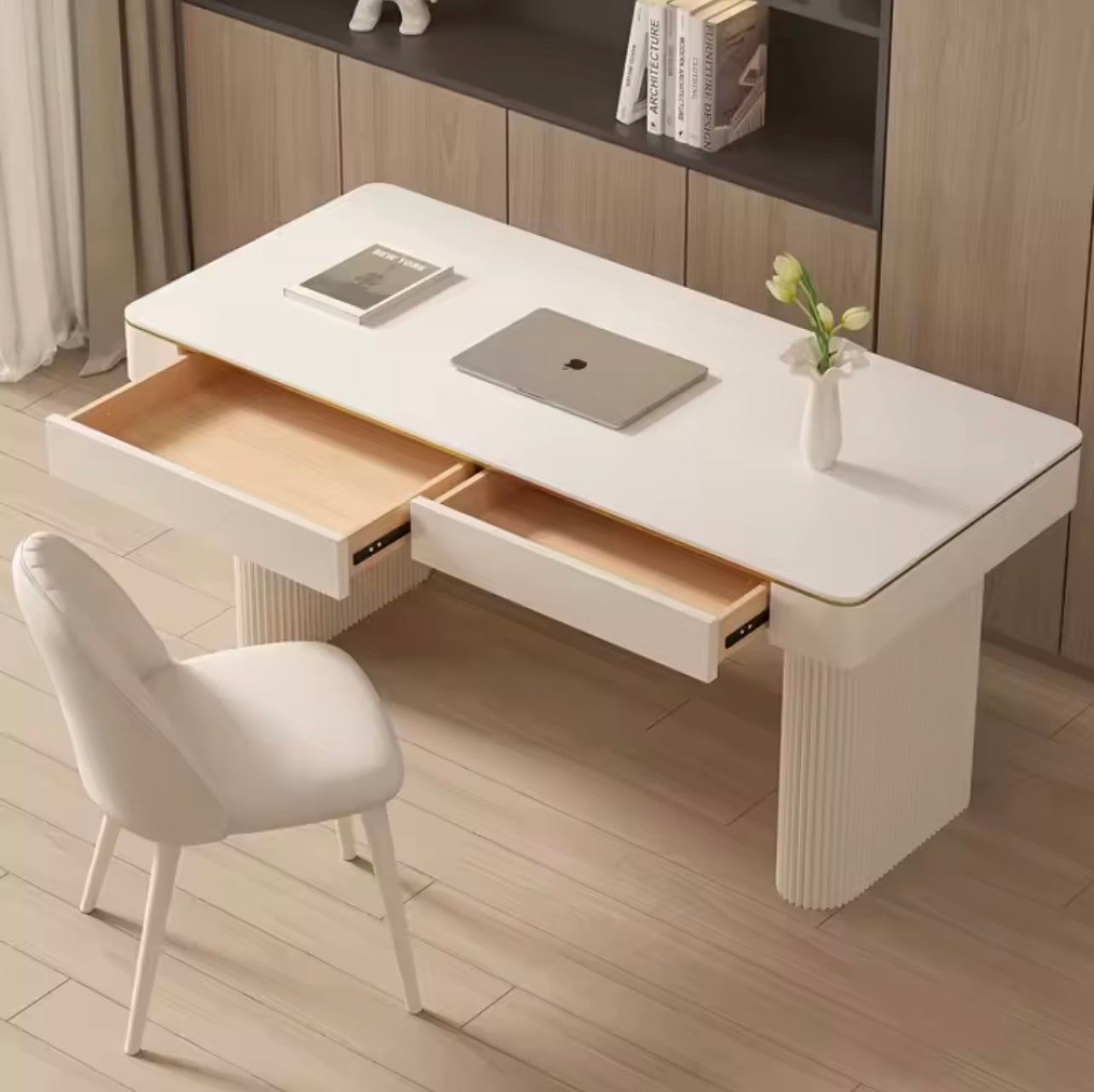 White Office Desk with Storage Drawers, Rock Slab Tabletop