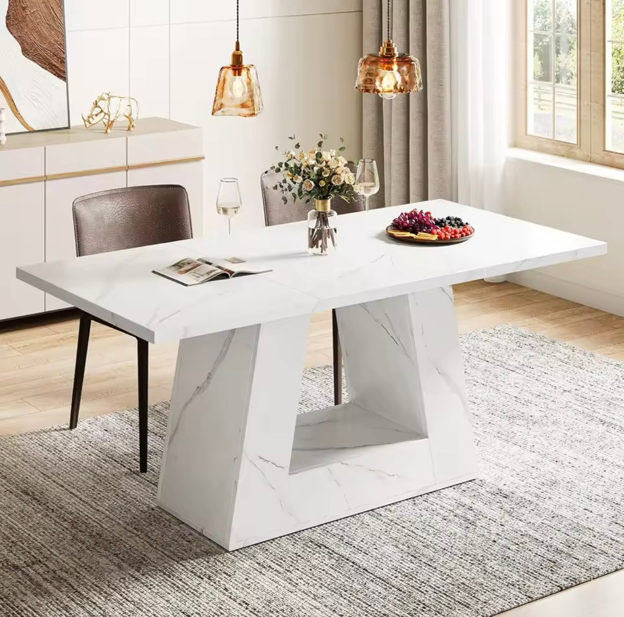 White Marble Rectangular Dining Table for 4-6, Trapezoidal Legs