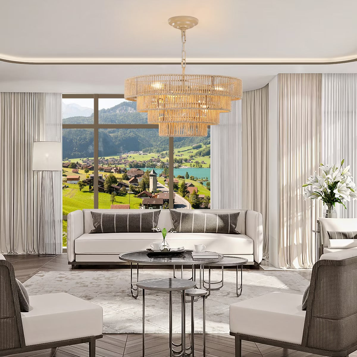 Rattan Chandelier – 4-Layer Farmhouse Pendant