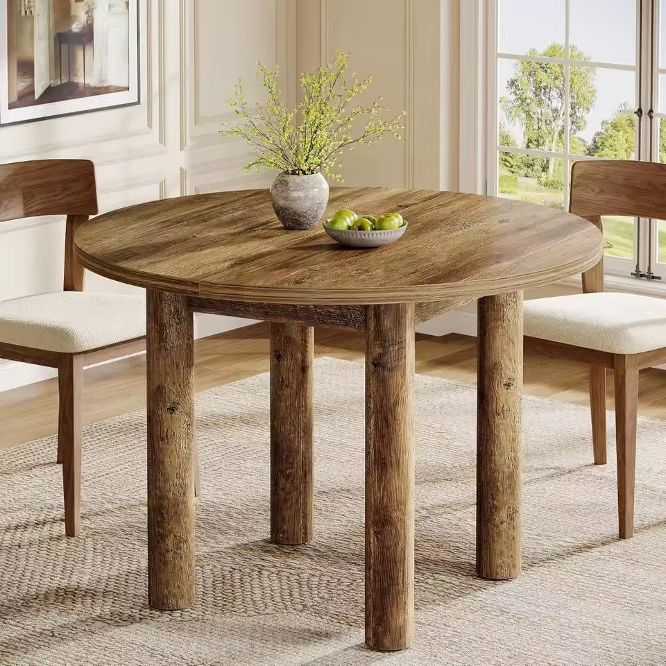 39” Round Farmhouse Dining Table, Rustic Brown Wooden Table for 4