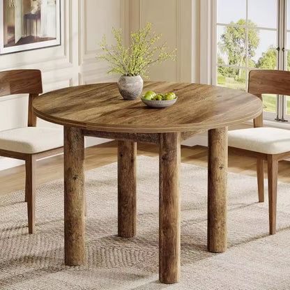 39” Round Farmhouse Dining Table, Rustic Brown Wooden Table for 4