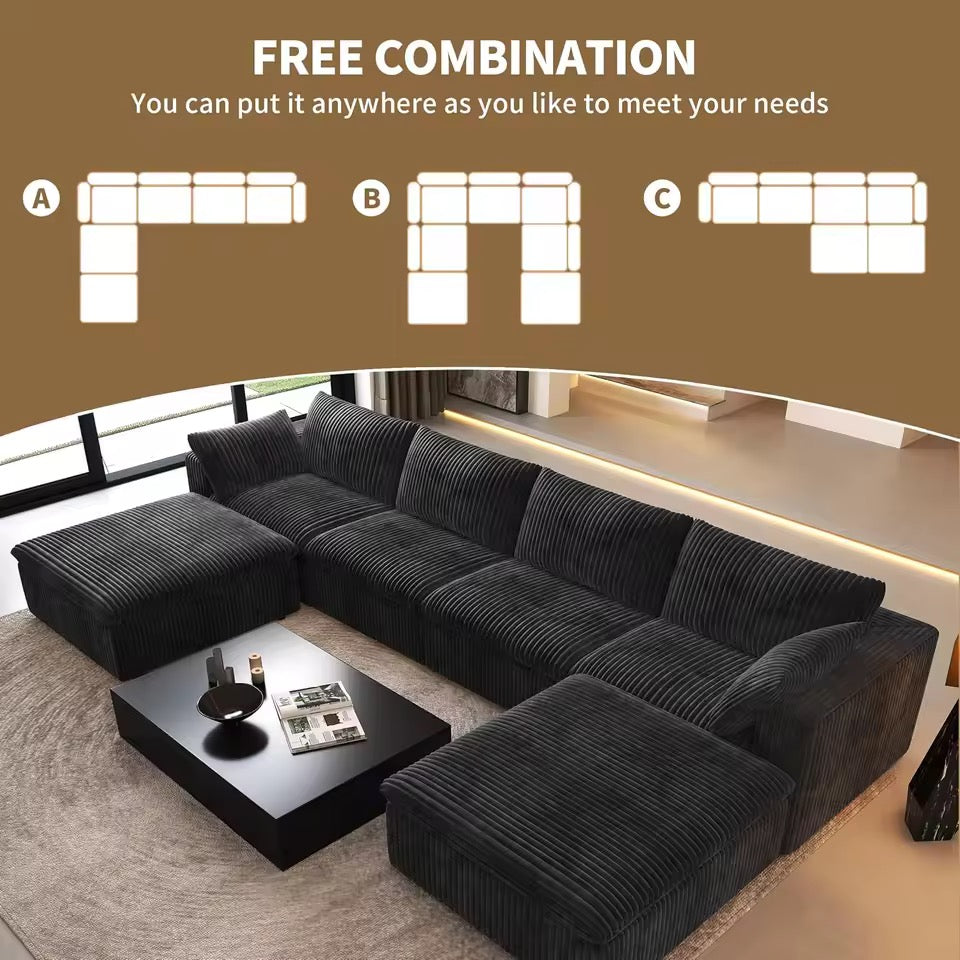 U-Shaped Corduroy Modular Cloud Sofa with Ottomans, 6-Seater Sofa