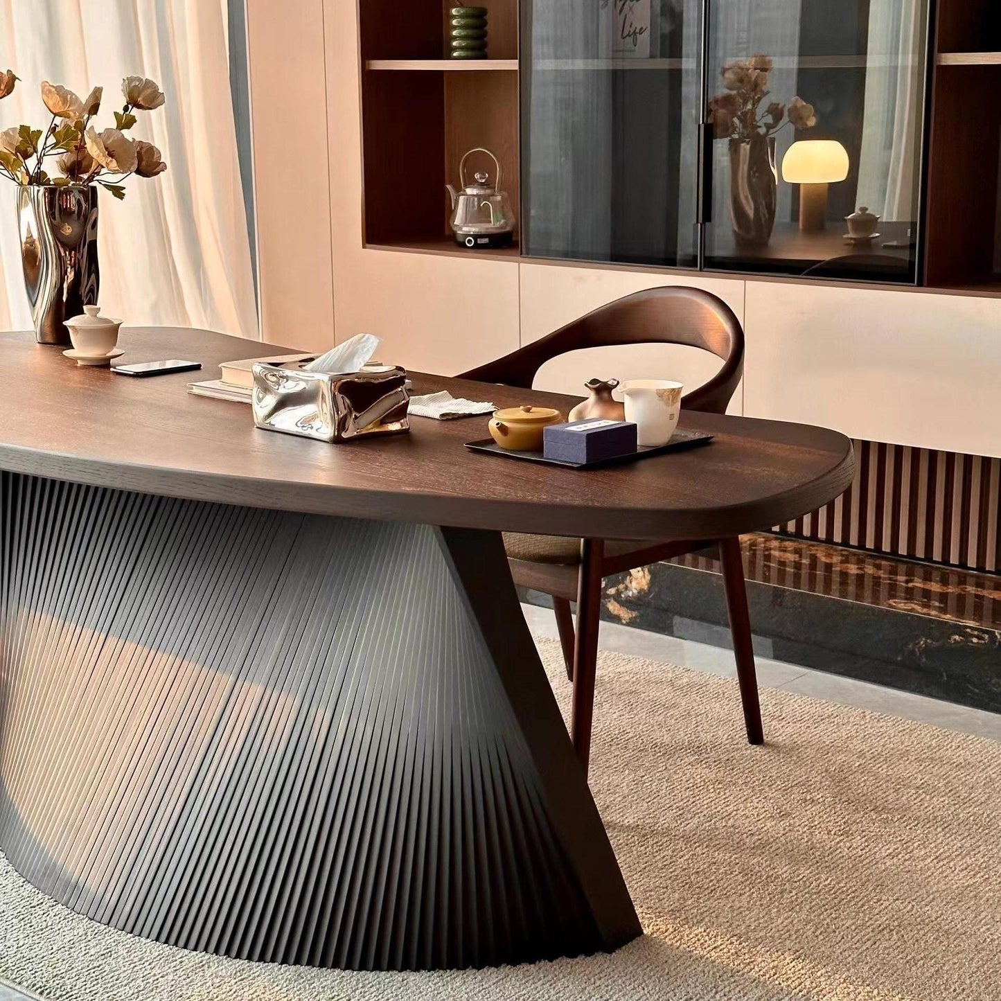 Solid Wood Executive Office Desk with Fluted Base in Black