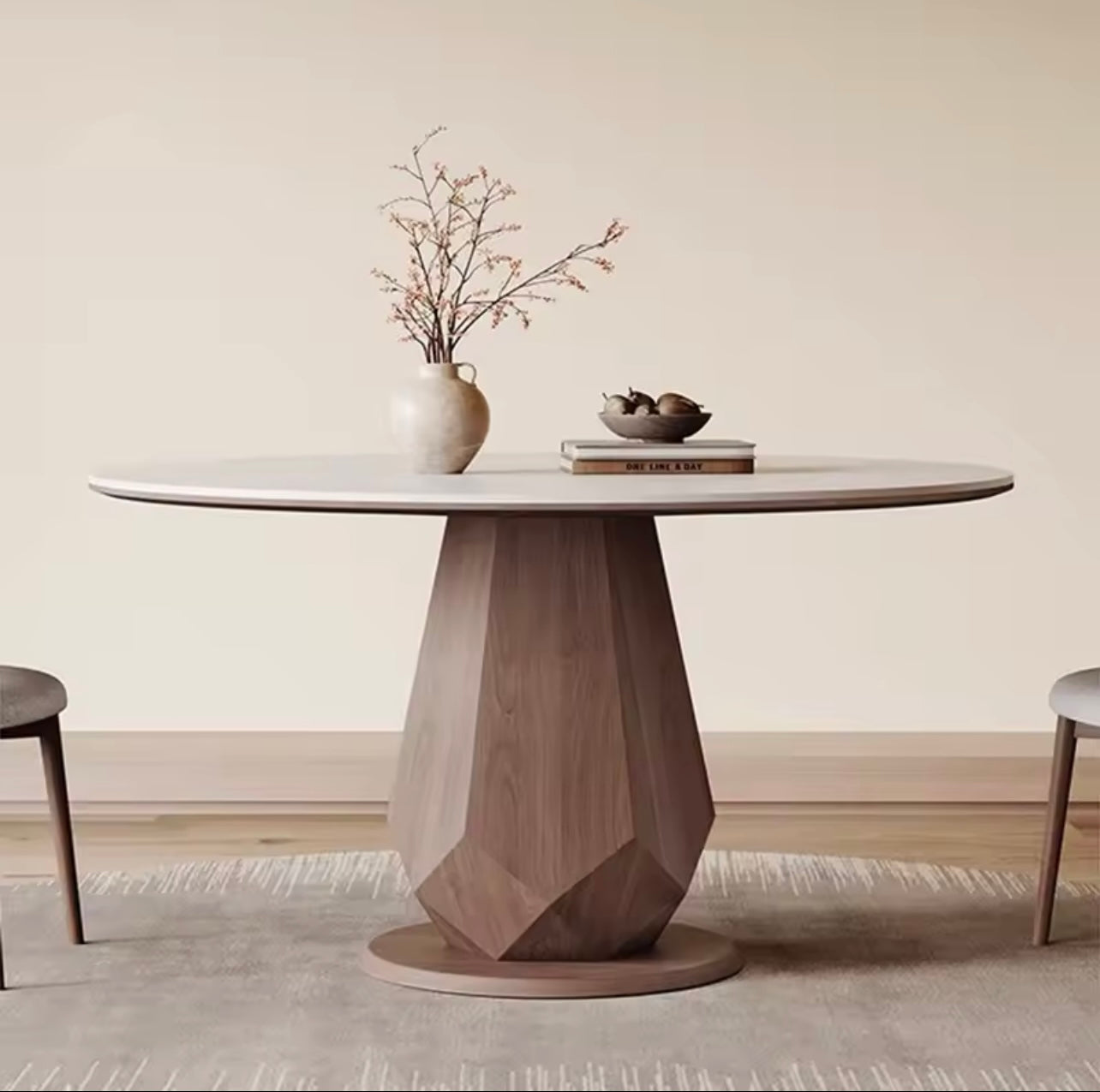 Rock Slab Round Dining Table with 360° Rotating Top