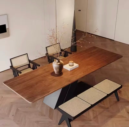 Longboard Spliced Top Dining Table with Carbon Steel Legs, Walnut