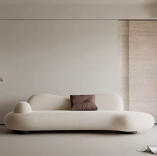 Classic Vintage Curved Sofa, Minimalist Beige Lounge Couch