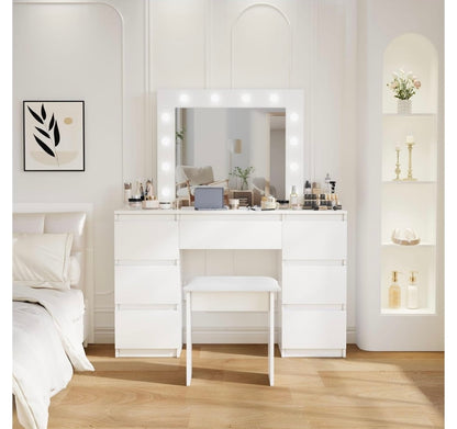 White Vanity Table - Vanity Mirror with Lights and Stool