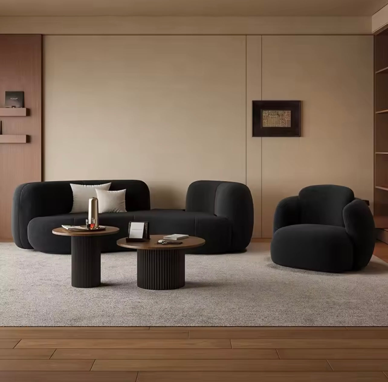 Modern Upholstered Curved Lambwool Sectional Sofa, Black