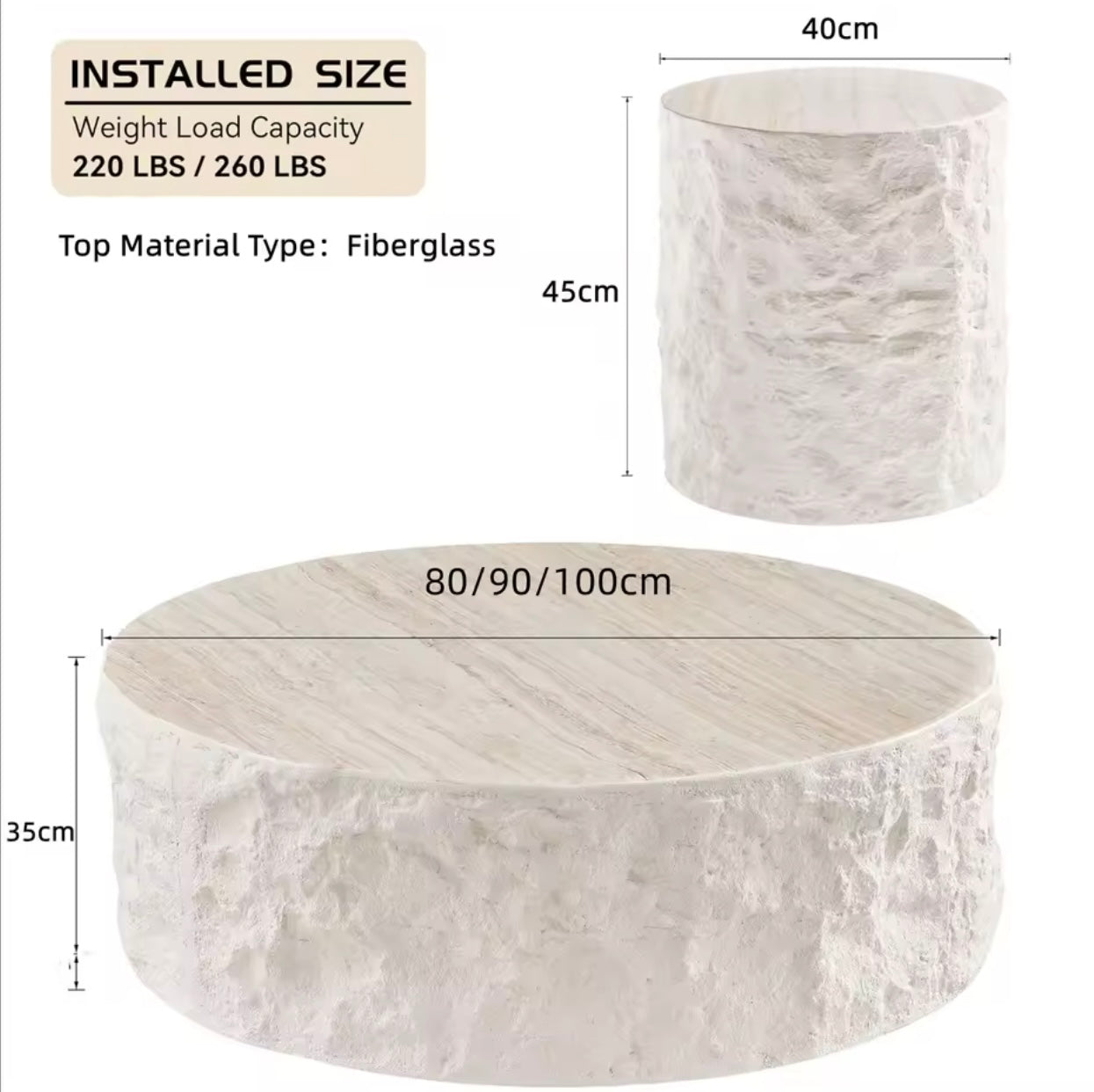 Round Cement Stone Drum Coffee Table, Fiberglass Faux Marble Finish