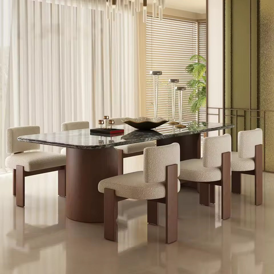 Mid-Century Travertine & Walnut Dining Table, Curved Stone Detail