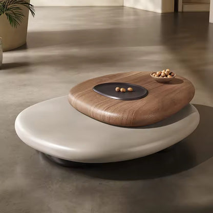 Swivel Wood Coffee Table, Dual-Tier Rotating Oval Center Table