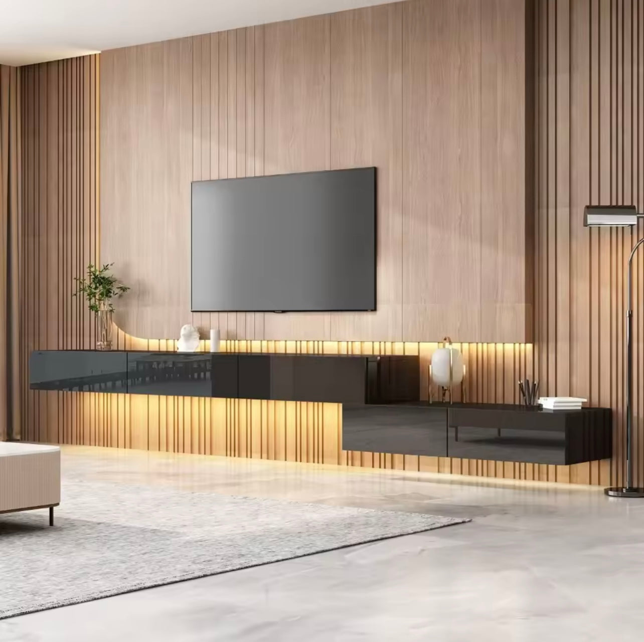 Black Floating TV Console with LED Lighting, Wall-Mounted Media Unit