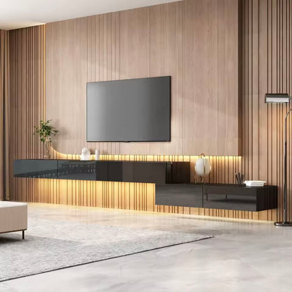 Black Floating TV Console with LED Lighting, Wall-Mounted Media Unit
