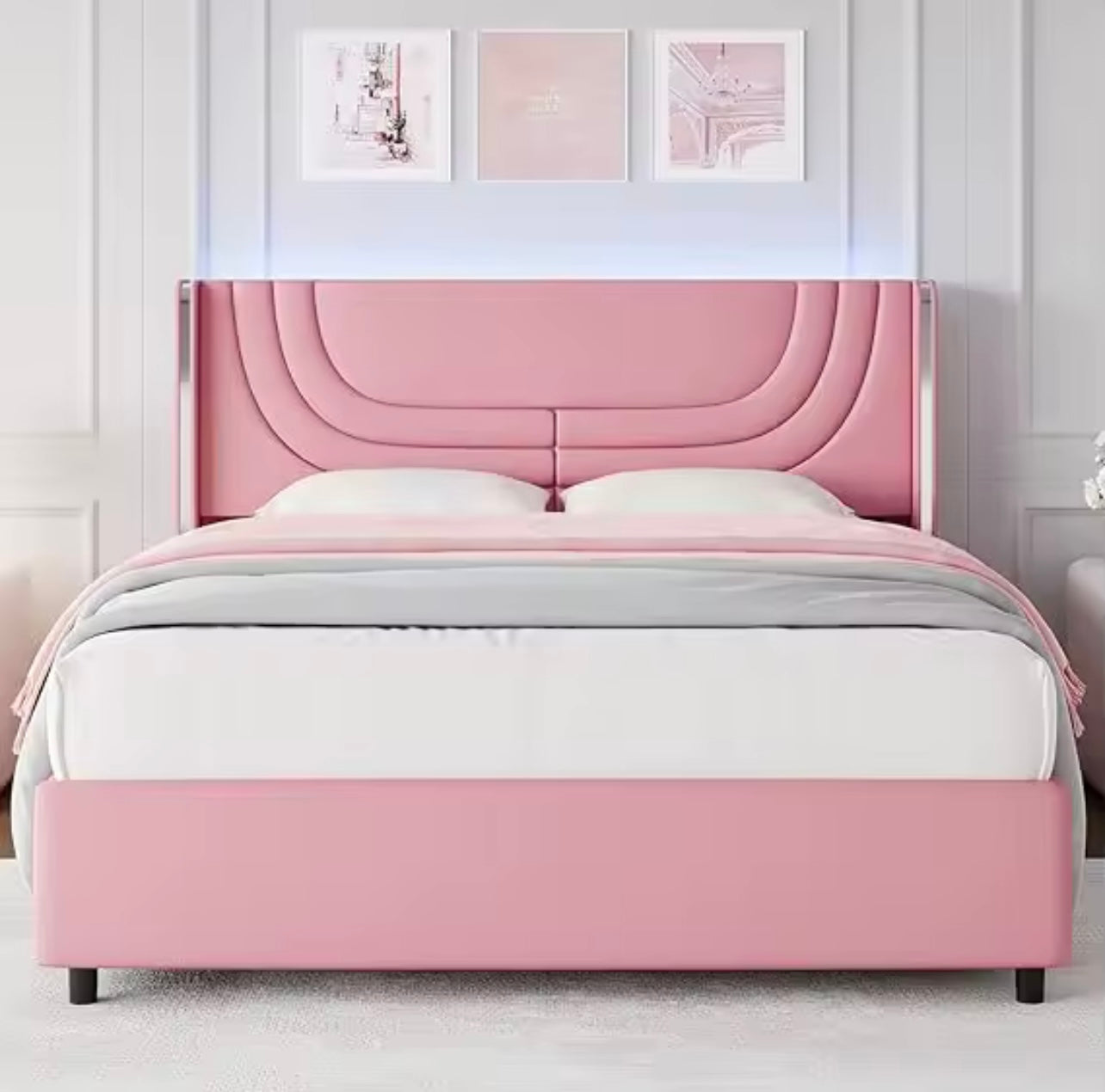 Upholstered Faux Leather Bed Frame with LED Wingback Headboard