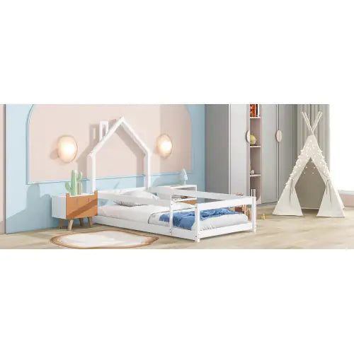 Twin Wooden Floor Bed with House Frame