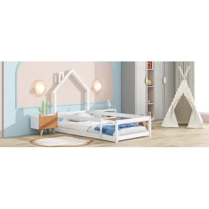 Twin Bed Frame - White Floor Bed for Toddlers - Kids House Bed