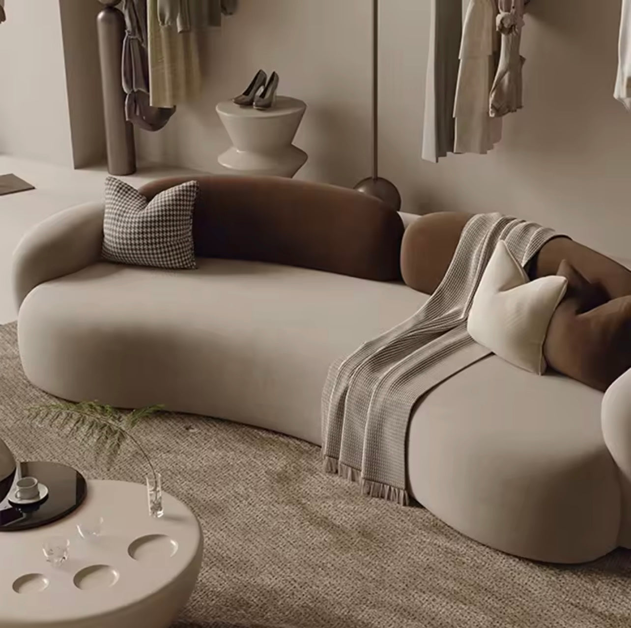 Beige & Brown Modern Curved Sofa, Neutral Velvet Upholstered Couch